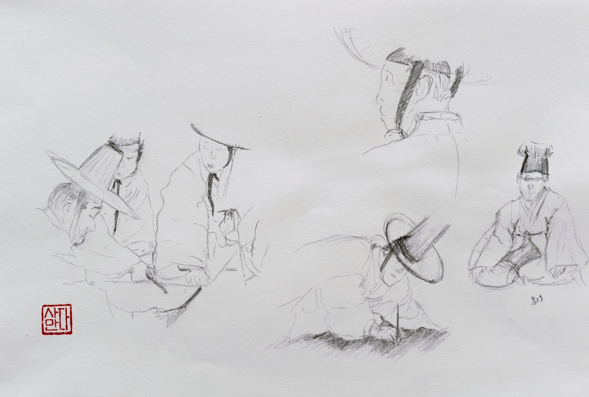 Croquis à la mine de plomb, rotring et graphite aquarellable de moines confucéens au monastère de Dosan Seowon en Corée du Sud