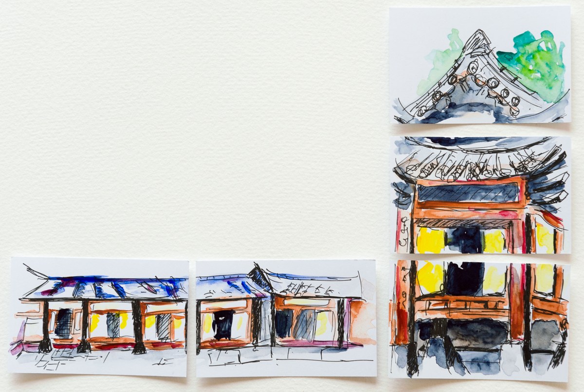 Feutre et aquarelles ShinHan sur cartes de visites.