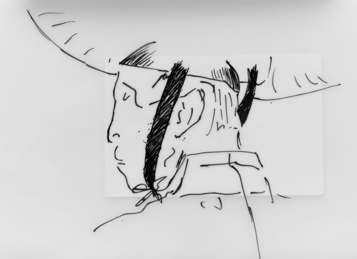 Croquis au feutre noir sur calque d'un moine confucéen au monastère de Dosan Seowon en Corée du Sud